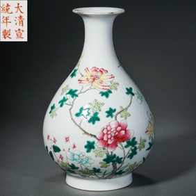 CHINESE SPRING VASE WITH PASTEL FLOWER PATTERN JADE POT IN XUANTONG PERIOD, QING DYNASTY