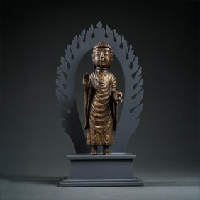 CHINESE MING DYNASTY BRONZE GOLDEN BUDDHA STANDING STATUE