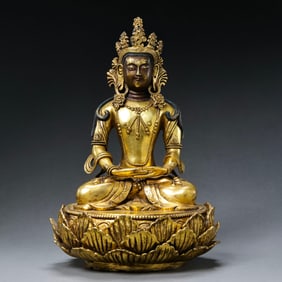 CHINESE QING DYNASTY BRONZE GILT MONGOLIAN BUDDHA SITTING STATUE
