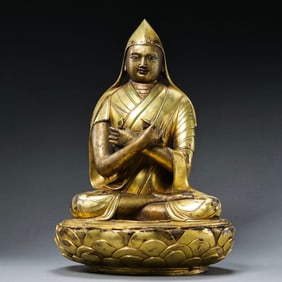 CHINESE MING DYNASTY ZONGKHAPA BRONZE GOLD BUDDHA SITTING STATUE