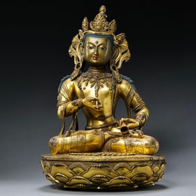 CHINESE QING DYNASTY BRONZE GILT MONGOLIAN BUDDHA SITTING STATUE