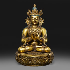 CHINESE QING DYNASTY BRONZE GILT MONGOLIAN BUDDHA SITTING STATUE