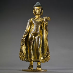CHINESE NORTHERN WEI DYNASTY BRONZE GOLDEN BUDDHA STANDING STATUE