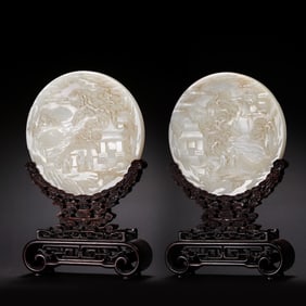 A PAIR OF CHINESE QING DYNASTY ROSEWOOD INSET HETIAN JADE SCREEN INSERTS