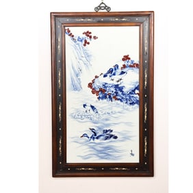 CHINESE 20TH CENTURY ART MASTER WANG BU BLUE AND WHITE GLAZE RED PORCELAIN PLATE PAINTING HANGING