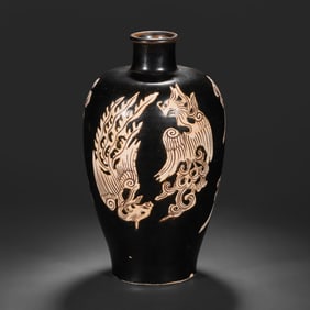 CHINESE SOUTHERN SONG DYNASTY JIZHOU WARE PAPER-CUT DECAL DOUBLE PHOENIX PATTERN PLUM VASE