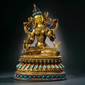 CHINESE QING DYNASTY BRONZE GILT SEATED BUDDHA STATUE INLAID WITH GEMSTONES