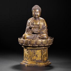 CHINA MING DYNASTY BRONZE GOLD BUDDHA SITTING STATUE