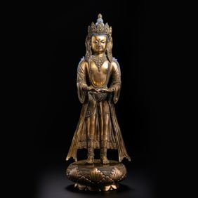 CHINESE MING DYNASTY BRONZE GILT MONGOLIAN BUDDHA STANDING STATUE