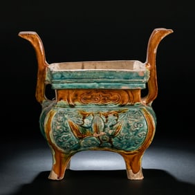 CHINESE THREE-COLOR DOUBLE-EAR OVEN, TANG DYNASTY
