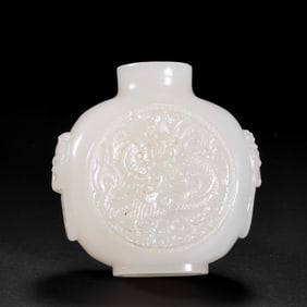 CHINESE QING DYNASTY HOTAN WHITE JADE DRAGON PATTERN SNUFF BOTTLE