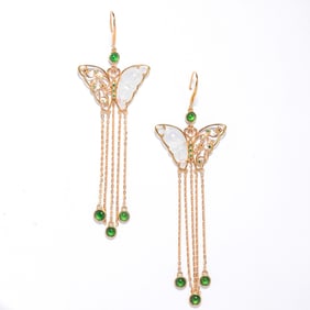 A PAIR OF 18K GOLD INLAID WITH JADE INLAID WITH HETIAN JADE BUTTERFLY EARRINGS