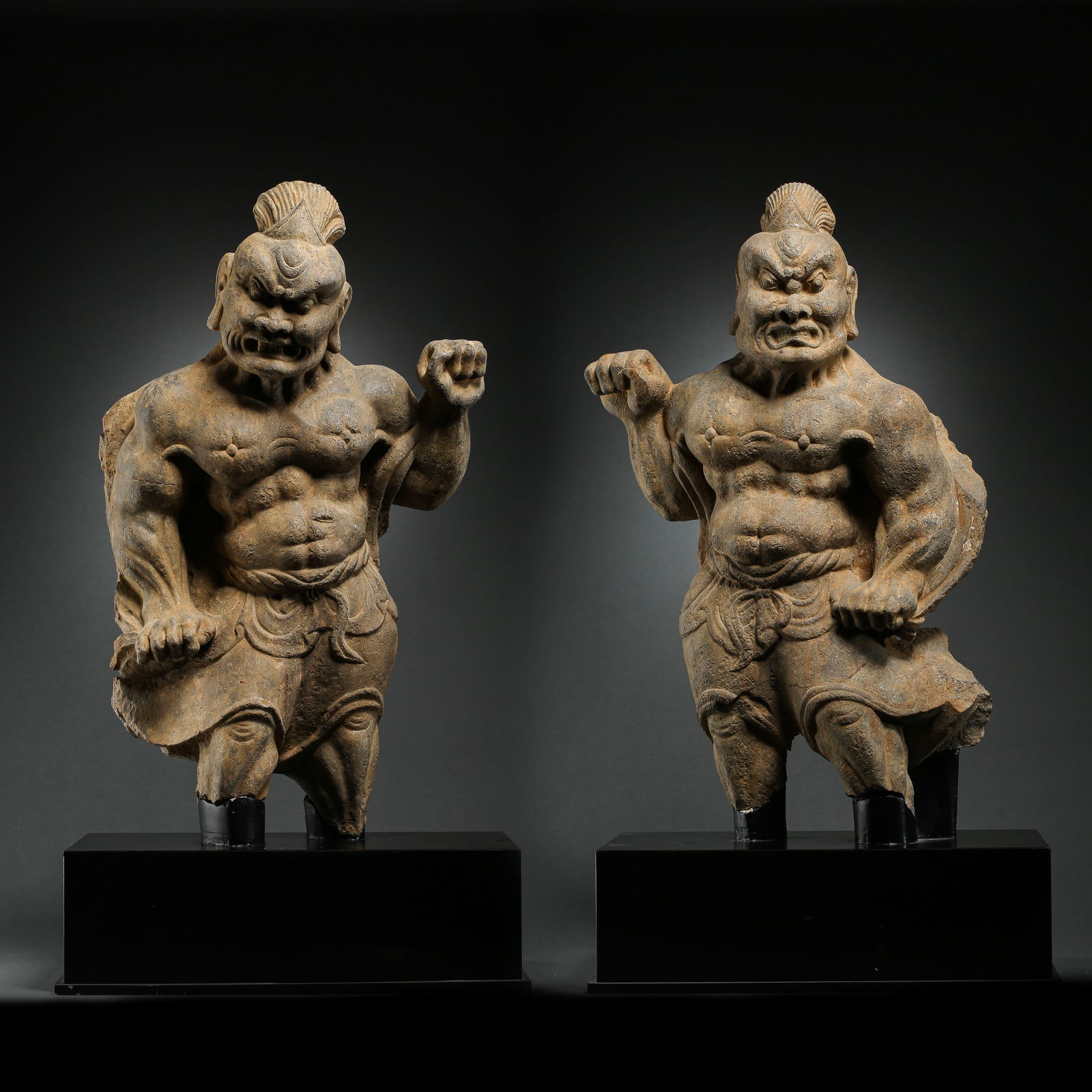 A PAIR OF CHINESE TANG DYNASTY BLUESTONE HEAVENLY KING STANDING STATUES (1 of 16)