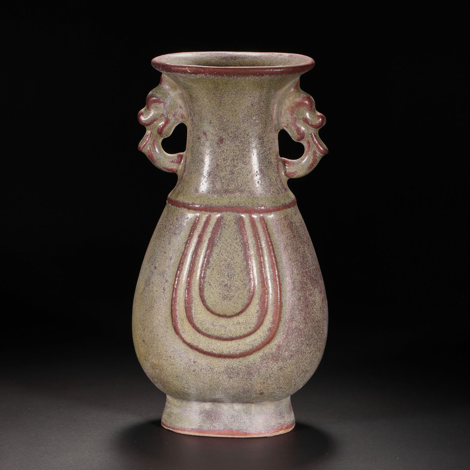 JUN PORCELAIN VASE WITH TWO EARS IN SONG DYNASTY, CHINA: JUN PORCELAIN VASE WITH TWO EARS IN SONG DYNASTY, CHINA; H. 22.3 cm. W. 11.5 cm.