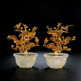 A pair of Chinese Qing dynasty silver-gilt bonsai