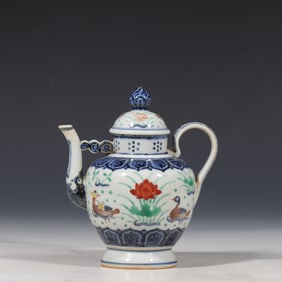 Chinese Ming Dynasty Blue and White Colorful Mandarin Duck Playing in Water Pattern Ewer