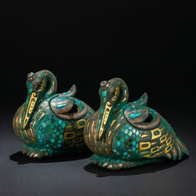 A pair of Chinese Warring States Period gold, silver and turquoise crane-shaped incense burners