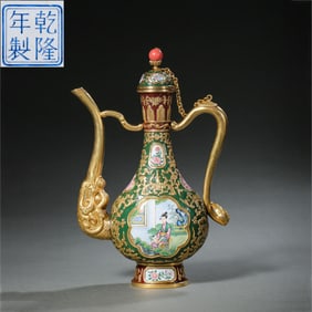 A Chinese bronze gilt enamel window-shaped ewer with story-like patterns, Qianlong period of the