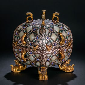 Square-shaped censer with gold and silver inlay and Hetian jade, China, Warring States Period