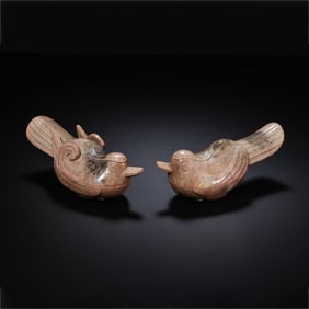 A pair of Chinese Han Dynasty jade mandarin duck lidded boxes