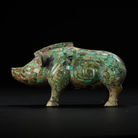 Chinese Han Dynasty bronze pig inlaid with turquoise