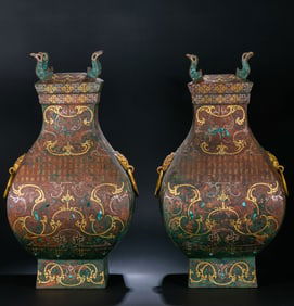 A pair of Chinese Warring States Period square vases with gold and silver inlay and double-covered