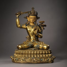 A Chinese Qing Dynasty Gilt Bronze Seated Buddha Figure Inlaid with Gems