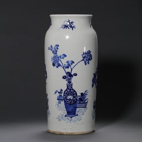 Chinese Qing Dynasty Blue and White Flower Pattern Elephant Leg Vase
