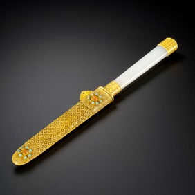 Chinese Qing Dynasty Jade Handle Golden Knife