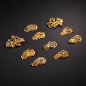 A set of ancient Persian gold and turquoise ribbon ornaments