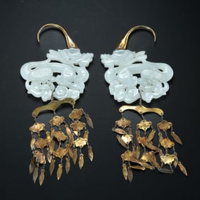 A pair of Chinese Liao Dynasty gilt Hetian jade earrings