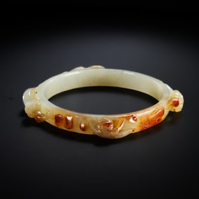 Chinese Han Dynasty White Jade Red Inlaid Bracelet