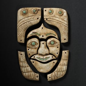 Chinese Neolithic chicken bone white jade inlaid turquoise human face
