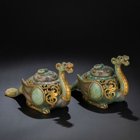 A pair of Chinese Warring States Period gold, silver and jade dragon-shaped incense burners with