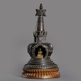 A Group of Chinese Ming Dynasty Gilt-Bronze Seated Buddha Figures and a Chinese Ming Dynasty Bronze