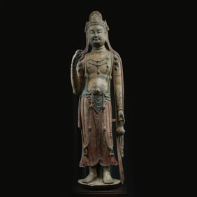 Chinese Northern Wei Dynasty Bluestone Painted Standing Buddha