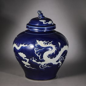 Chinese Yuan Dynasty Blue Glaze Jar with White Dragon Pattern