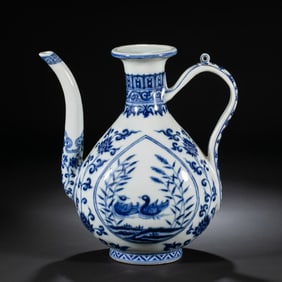 Chinese Ming Dynasty Blue and White Ewer with Mandarin Ducks Playing in Water