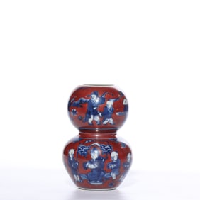 Chinese Ming Dynasty Jiajing period alum red blue and white baby play pattern gourd vase
