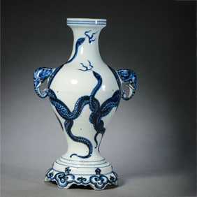 Chinese Yuan Dynasty Blue and White Snake Pattern Double Elephant Ear Plate Mouth Vase