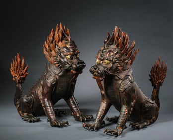 A pair of Chinese Ming Dynasty gilt-bronze Kylin beasts