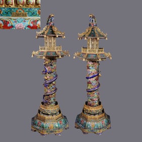 A pair of Chinese Qing Dynasty Qianlong period cloisonné enamel auspicious cloud dragon tower