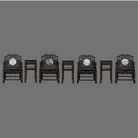 A set of Chinese Qing Dynasty rosewood and marble armchairs