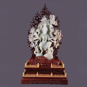 Chinese Qing Dynasty Hotan White Jade Acalanatha Buddha Seated Statue