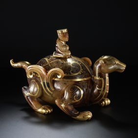 Chinese Han Dynasty Jade Covered Stove with Inlaid Gold and Auspicious Beasts