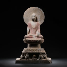 Chinese Northern Wei Dynasty Bluestone Painted Seated Buddha