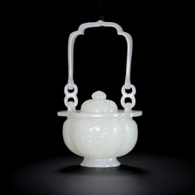 Chinese Qing Dynasty Hetian White Jade Jar with Lid and Handle