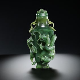 Chinese Qing Dynasty Hetian Jade Dragon Pattern Double-ring Ear Cover Vase