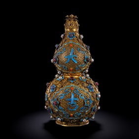 Chinese Qing Dynasty Silver Gilded Filigree Jadeite Deep-fried Pearl Gourd Vase