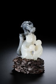 Chinese Qing Dynasty Hetian Jade Blue and White Carved Figure Ornaments